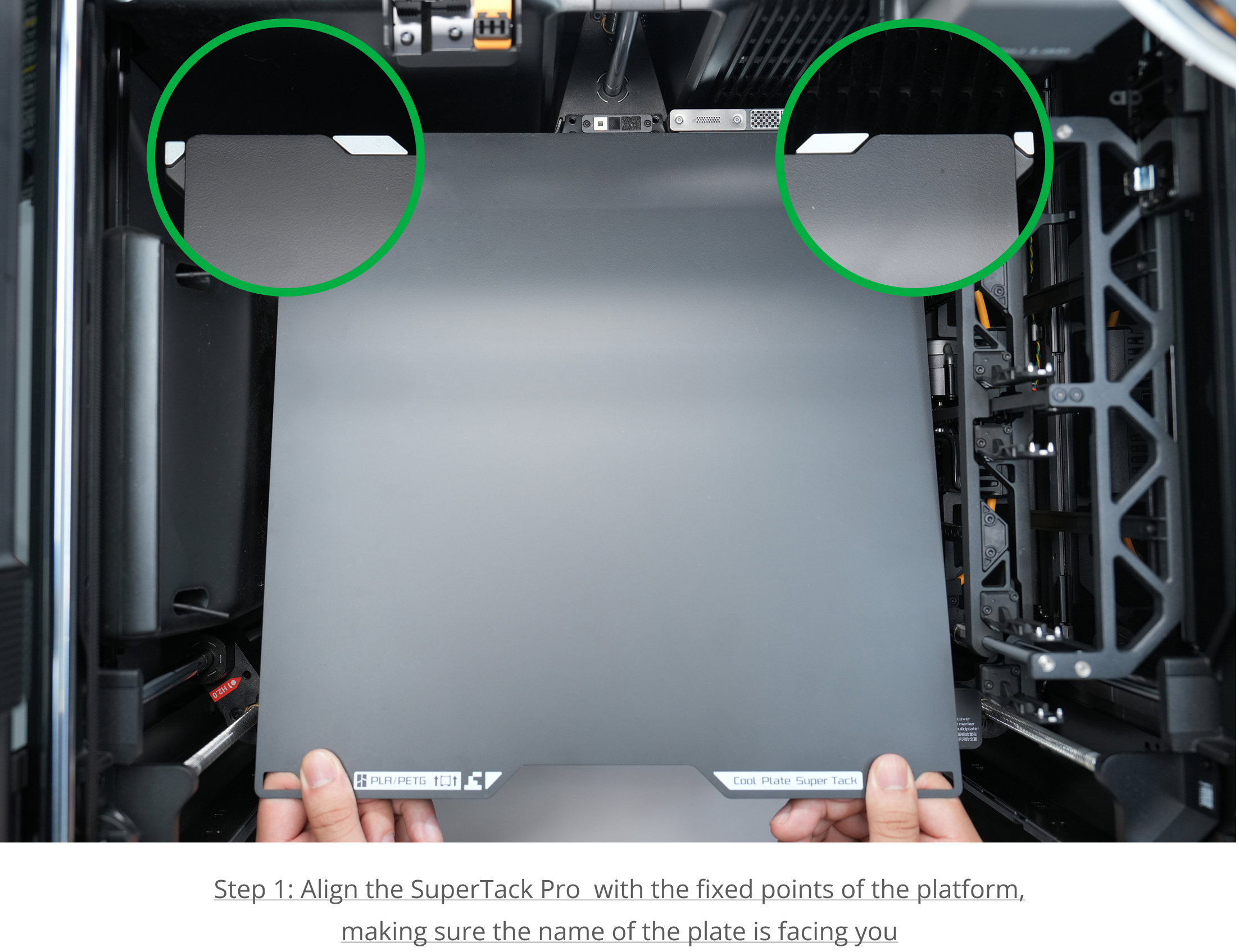 Step 1: Align the plate with the fixed points of the platform with the name of the plate facing you