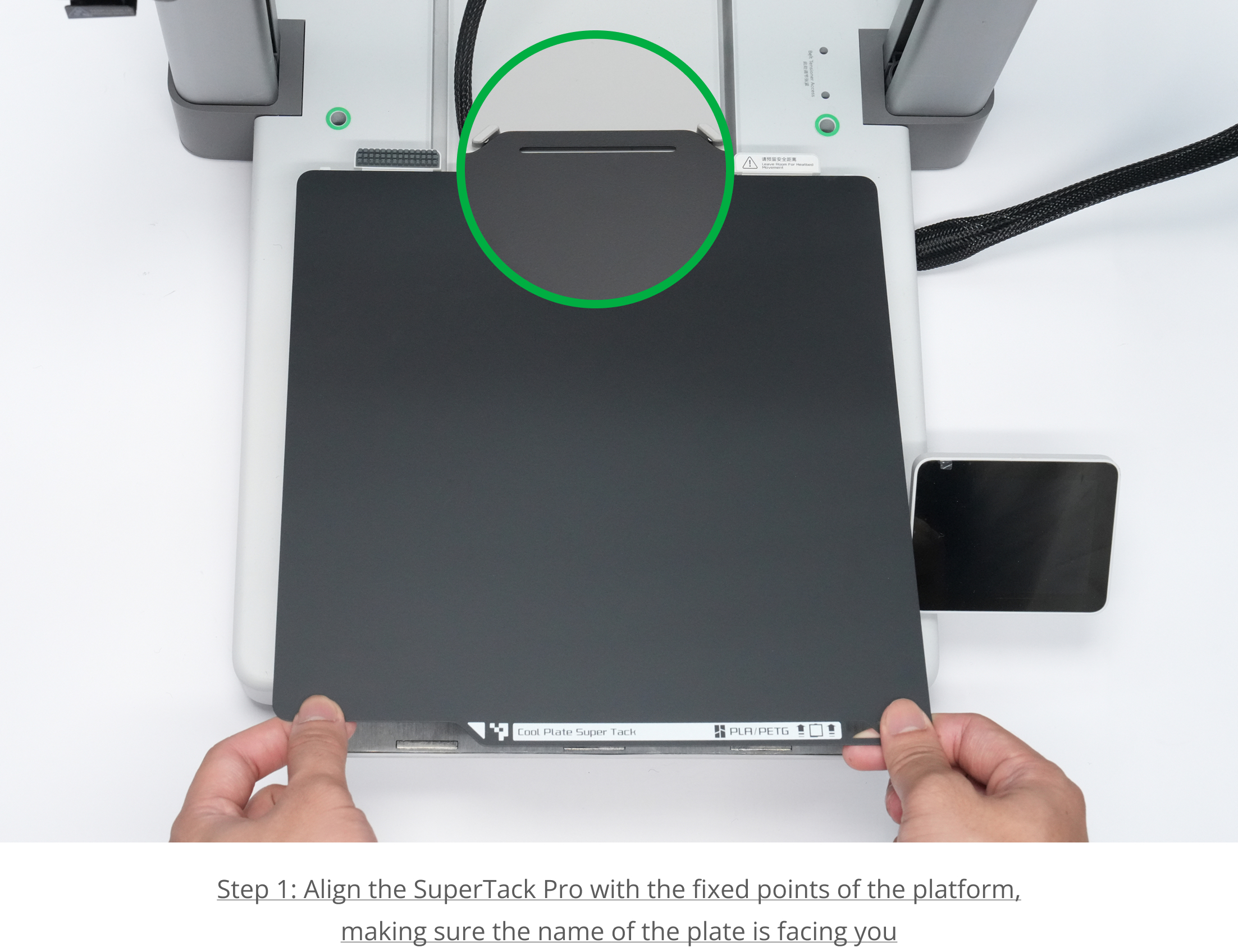 Step 1: Align the plate with the fixed points of the platform with the name of the plate facing you