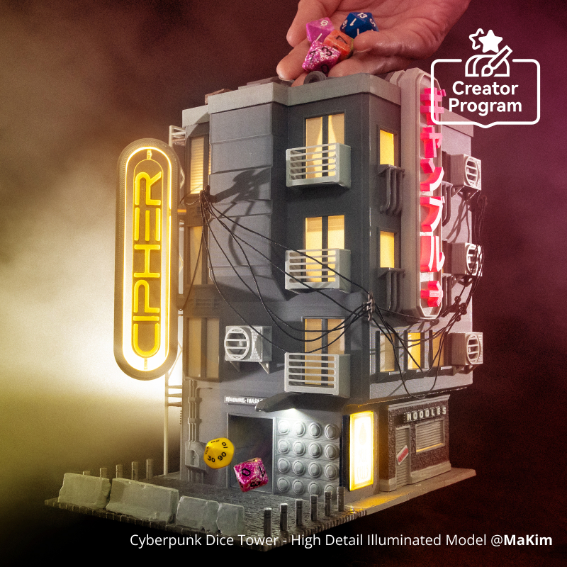 Cyberpunk Dice Tower High Detail Illuminated Model Bambu Lab UK Store