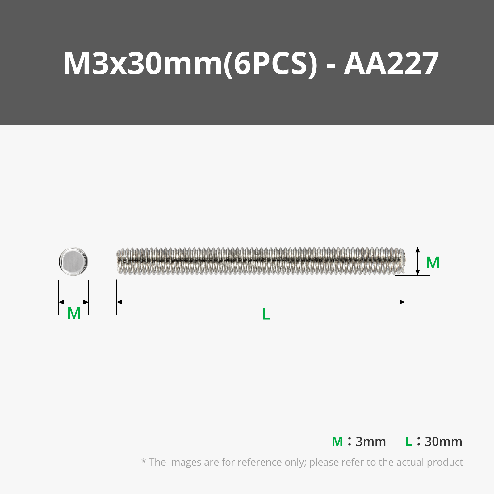 M3x30mm Carbon Steel Full-Thread Rod (6PCS) - AA227
