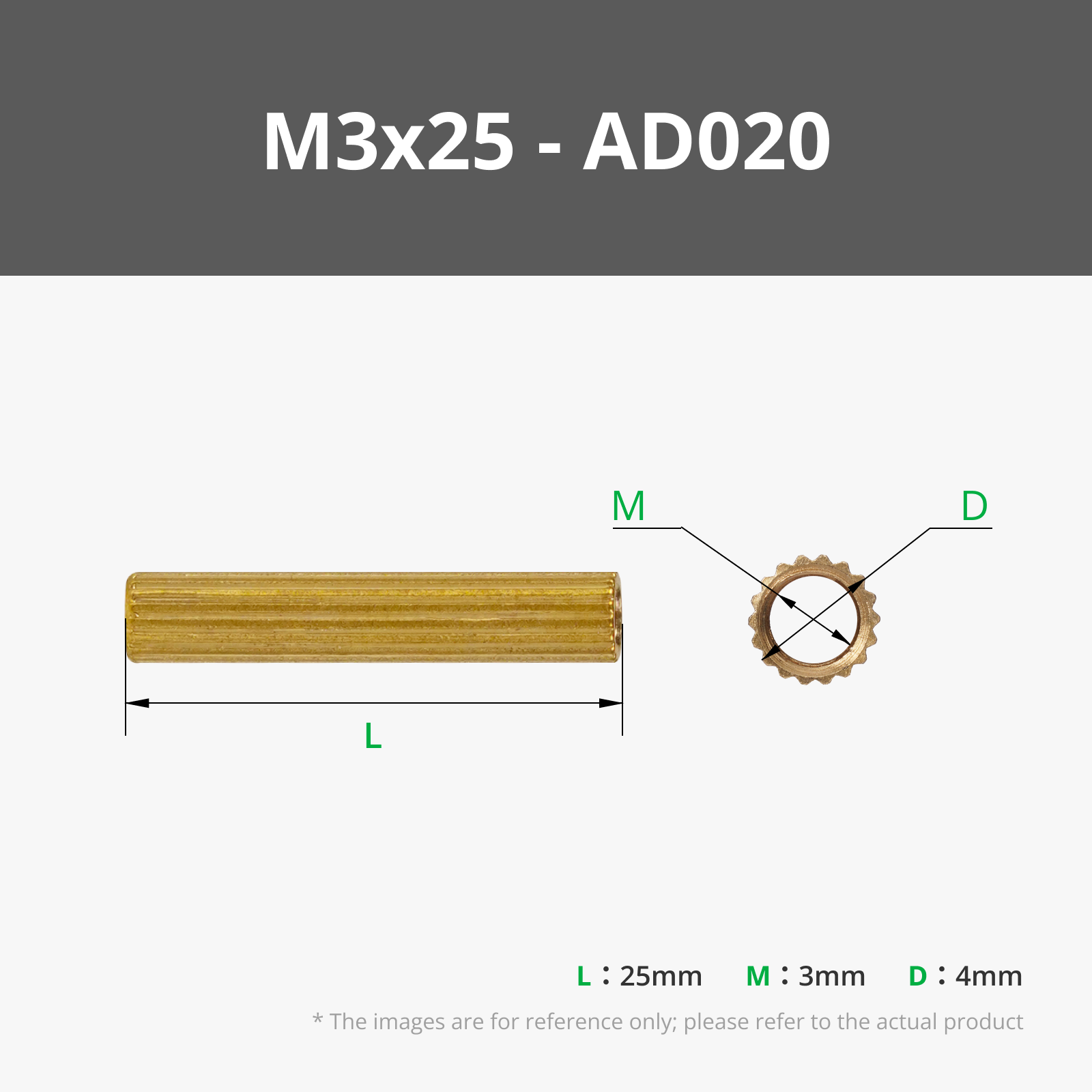 M3x25 Double-pass Knurled Brass Stud (5PCS) - AD020